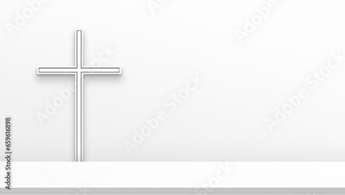 Empty white table top in front, catholic cross on wall background. Easter horizontal banner. Religion pedestal, podium in church. Holy spirit backdrop, generated by AI