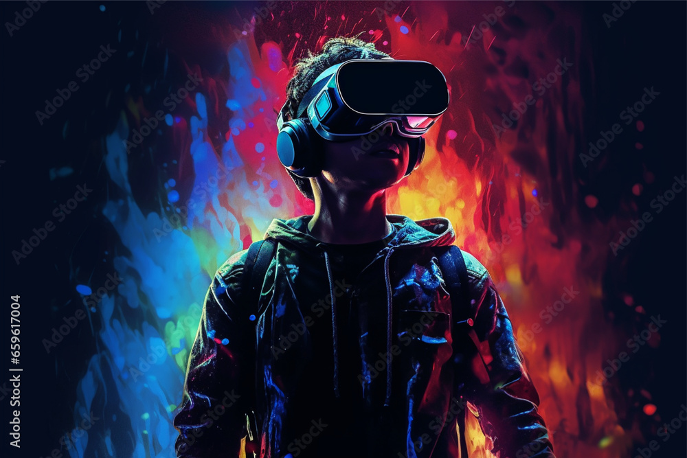 Person wearing virtual reality goggles. Future metaverse technology concept. Person wearing virtual reality goggles. Future metaverse technology concept.