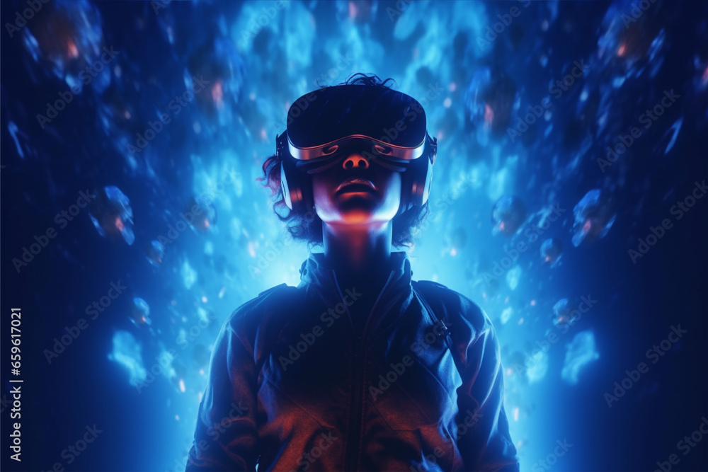 Person wearing virtual reality goggles. Future metaverse technology concept. Person wearing virtual reality goggles. Future metaverse technology concept.
