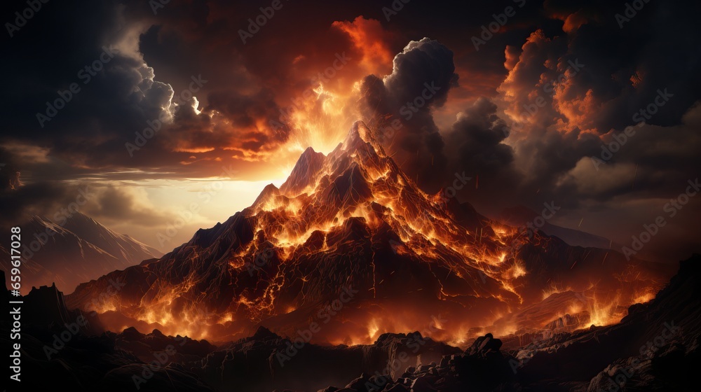 Volcanic activity, lava flow flows down the mountain. Frightening dangerous landscape