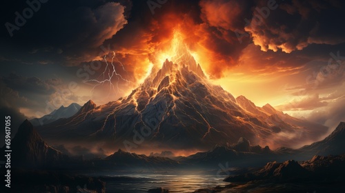 Volcanic activity, lava flow flows down the mountain. Frightening dangerous landscape