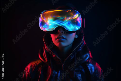 Person wearing virtual reality goggles. Future metaverse technology concept.  © elchinarts