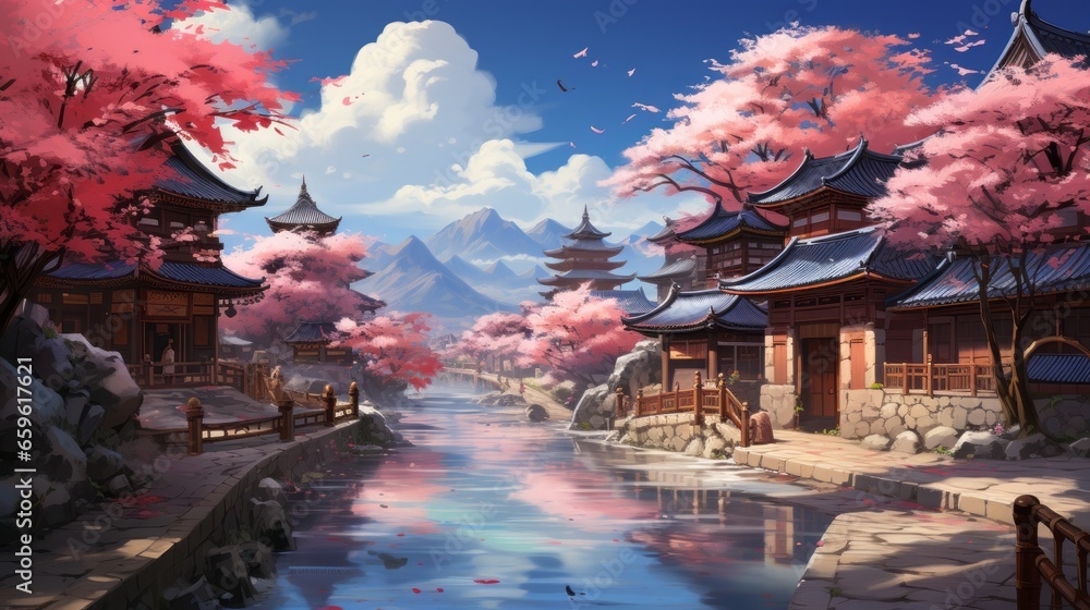 Fototapeta premium Idyllic Old Japan Street in Spring, Cherry Blossoms