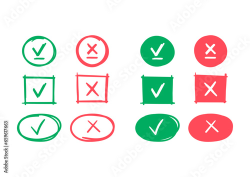 hand drawn approval and cancellation symbols. round, square, ellipse check and cancel symbols