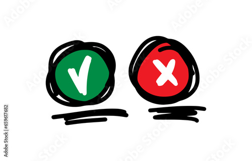 hand drawn approval and cancellation symbols. scribble positive and negative symbols. hand drawn check mark and cancel sign