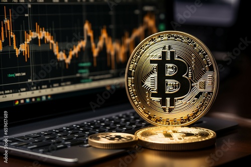 A bitcoin trader holds a golden coin beside a computer trading chart