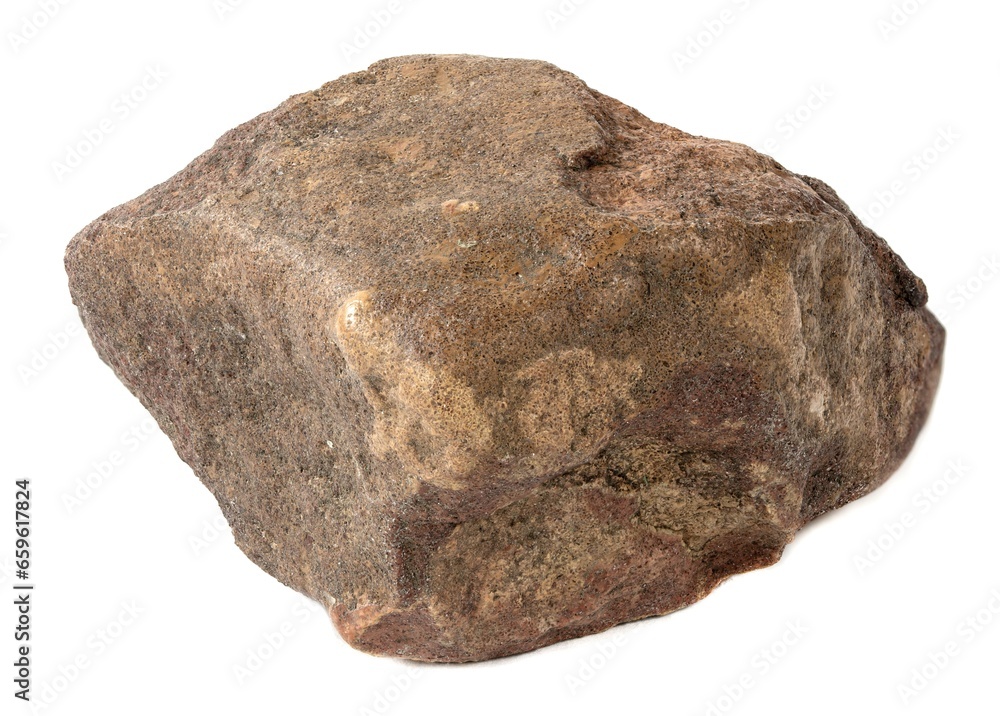 A stone on a white background. A piece of red granite A stone on a white background. A piece of red granite