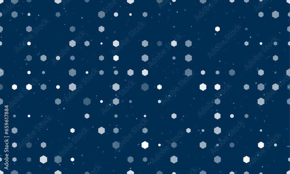 Seamless background pattern of evenly spaced white hexagon symbols of different sizes and opacity. Vector illustration on dark blue background with stars