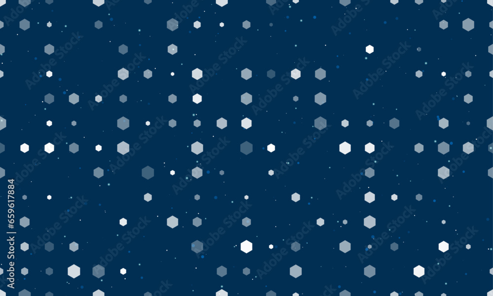 Seamless background pattern of evenly spaced white hexagon symbols of different sizes and opacity. Vector illustration on dark blue background with stars Seamless background pattern of evenly spaced white hexagon symbols of different sizes and opacity. Vector illustration on dark blue background with stars