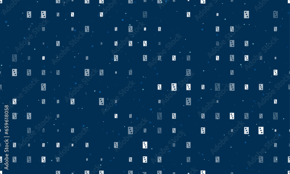 Naklejka premium Seamless background pattern of evenly spaced white Three of hearts playing cards of different sizes and opacity. Vector illustration on dark blue background with stars