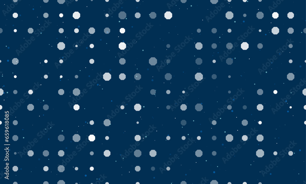 Seamless background pattern of evenly spaced white octagon symbols of different sizes and opacity. Vector illustration on dark blue background with stars