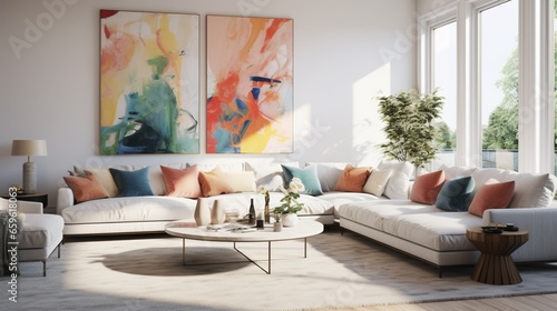 Lounge in a living room with an abstract gallery wall.