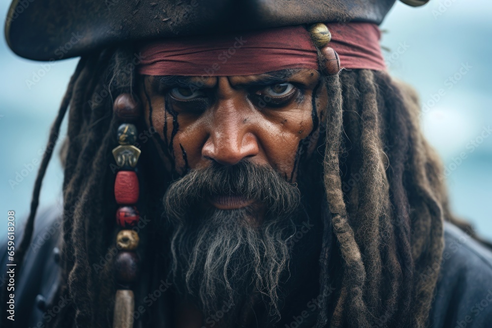 Fototapeta premium Pirate face portrait, close-up. Old style pirate character, generated by AI