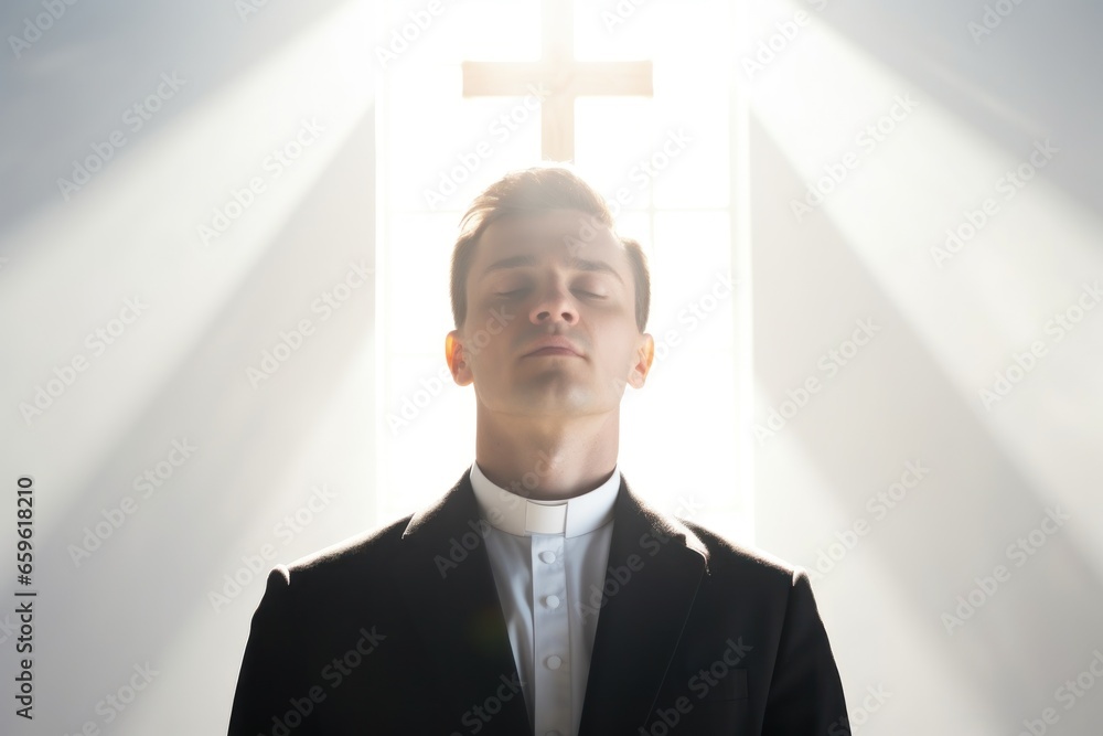 Fototapeta premium Handsome preacher face portrait. Young catholic priest prays in front, blessed light from cross at the back. Religion horizontal banner. Holy spirit rays of light, generated by AI