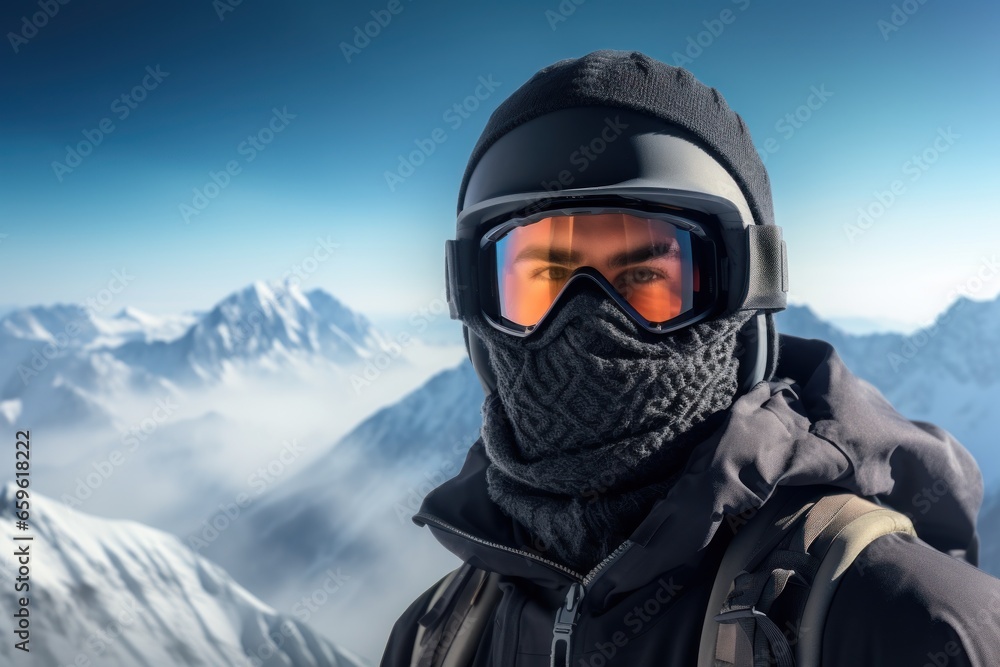 Snowboarder on the mountain. Snowboarder face portrait, blurred snowy peaks background. Active sport banner, generated by AI