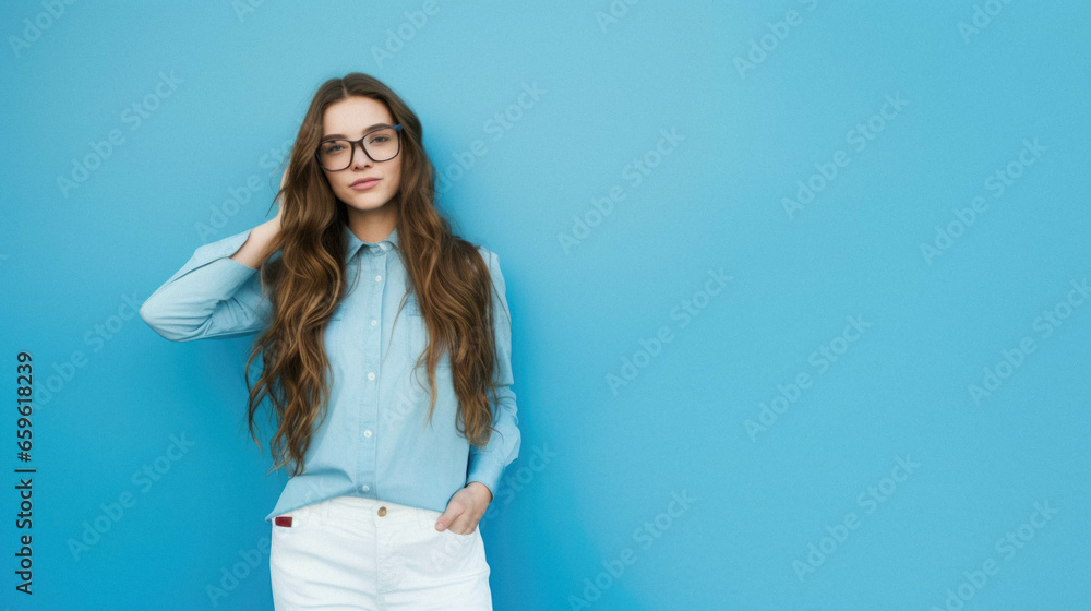 Portrait of a young beautiful teen girl in glasses and blue shirt. Portrait of a young beautiful teen girl in glasses and blue shirt.