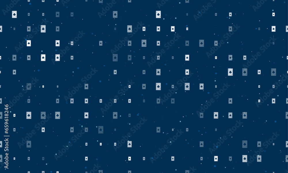 Naklejka premium Seamless background pattern of evenly spaced white ace of clubs cards of different sizes and opacity. Vector illustration on dark blue background with stars