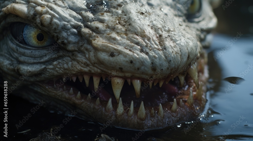 Fototapeta premium A horrible monster with a terrible grin. Fictional creature for horror themes. Close up shot. Scary horror atmosphere.