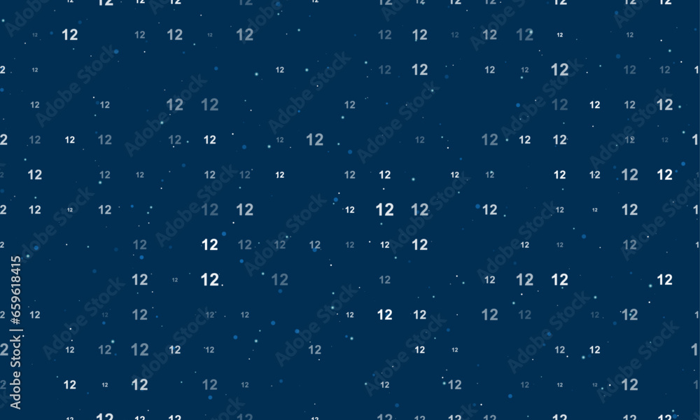 Seamless background pattern of evenly spaced white twelve numbers of different sizes and opacity. Vector illustration on dark blue background with stars Seamless background pattern of evenly spaced white twelve numbers of different sizes and opacity. Vector illustration on dark blue background with stars