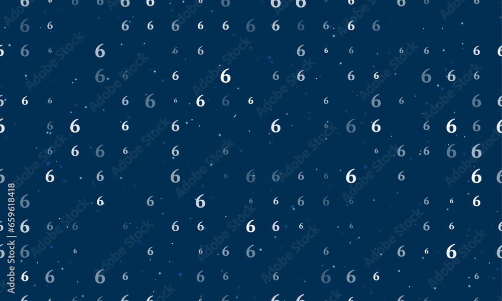 Seamless background pattern of evenly spaced white number six symbols of different sizes and opacity. Vector illustration on dark blue background with stars