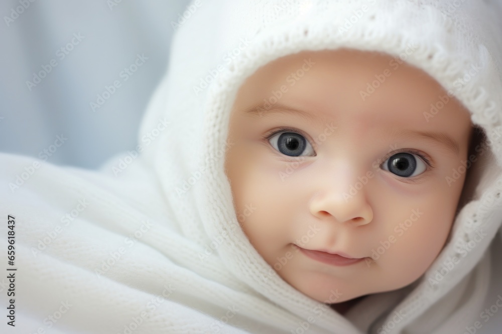 Cute portrait of a child face. White soft colors adorable childhood banner, generated by AI Cute portrait of a child face. White soft colors adorable childhood banner, generated by AI