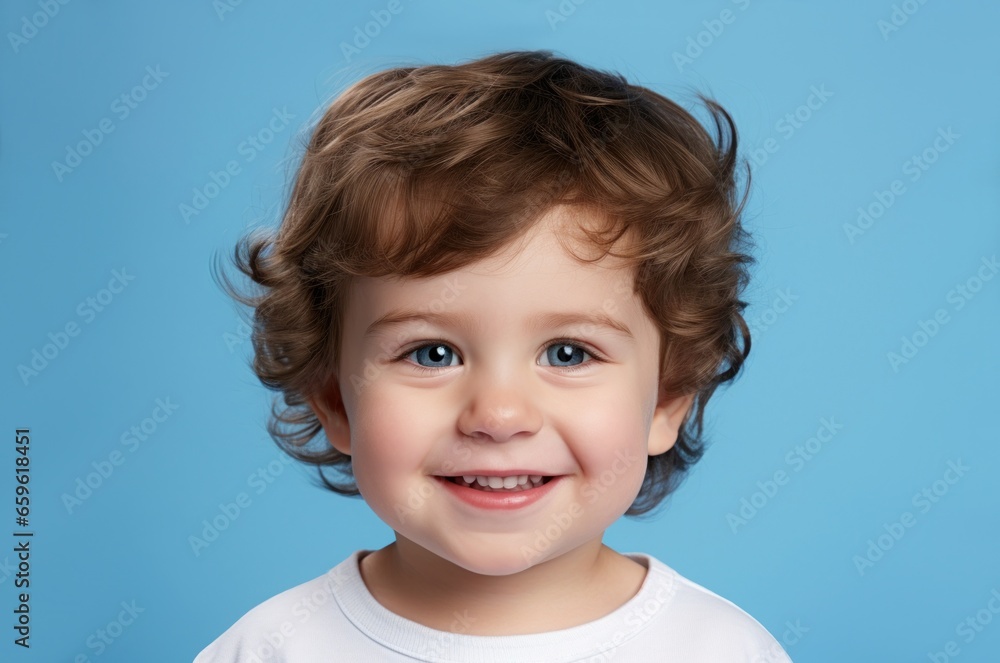 Face portrait of a smiling boy, studio blue background. Cute kid look at camera, close-up. Child generated by AI Face portrait of a smiling boy, studio blue background. Cute kid look at camera, close-up. Child generated by AI