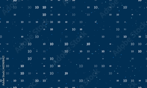 Seamless background pattern of evenly spaced white number ten symbols of different sizes and opacity. Vector illustration on dark blue background with stars