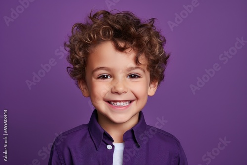 Face portrait of a smiling 6 years old boy. Handsome kid smile and look at camera, studio purple background. Child model, generated by AI photo