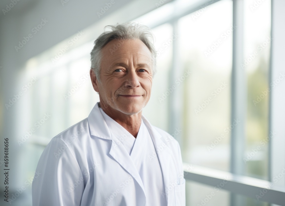 Portrait of smiling senior doctor. Therapist profession banner. Medical university teacher, generated by AI Portrait of smiling senior doctor. Therapist profession banner. Medical university teacher, generated by AI