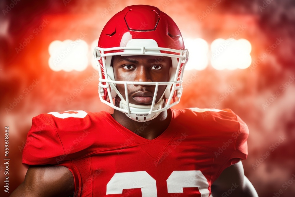 American football quarterback player face portrait. African american football player in red sport helmet and uniform, blurred football stadium background. Professional football player, generated by AI American football quarterback player face portrait. African american football player in red sport helmet and uniform, blurred football stadium background. Professional football player, generated by AI