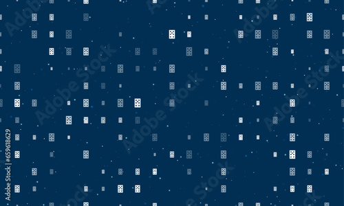 Seamless background pattern of evenly spaced white seven of hearts playing cards of different sizes and opacity. Vector illustration on dark blue background with stars