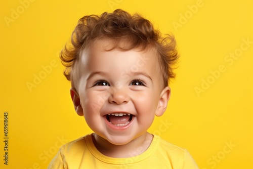 One funny boy laughs and smile, studio yellow background. Handsome curly hair kid look at camera. 3 years old cute child generated by AI