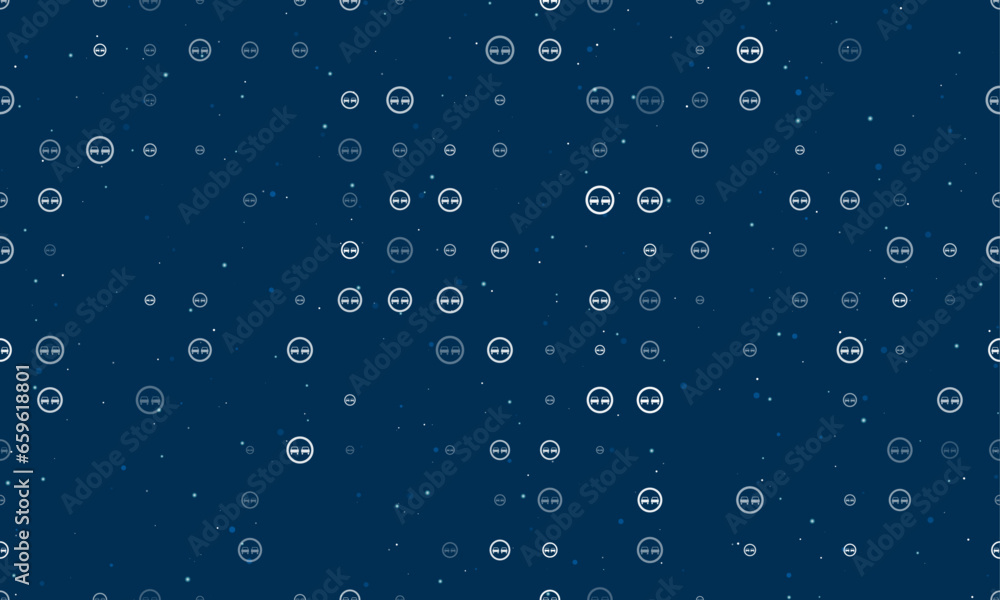 Seamless background pattern of evenly spaced white no overtaking signs of different sizes and opacity. Vector illustration on dark blue background with stars
