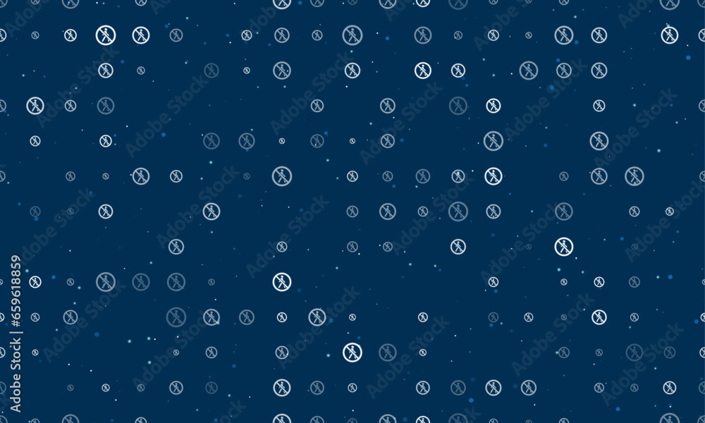 Seamless background pattern of evenly spaced white pedestrian traffic prohibited signs of different sizes and opacity. Vector illustration on dark blue background with stars
