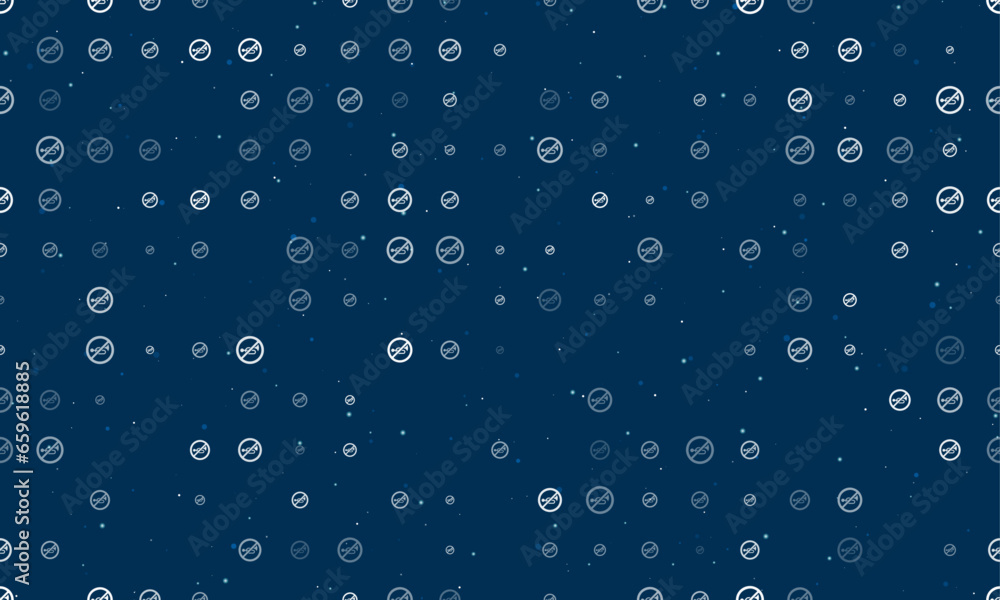 Seamless background pattern of evenly spaced white horning prohibited signs of different sizes and opacity. Vector illustration on dark blue background with stars