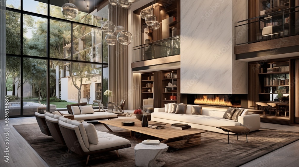 Marvel at a living room with a two-story ceiling and suspended fireplace.