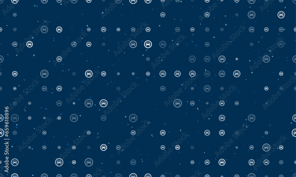 Seamless background pattern of evenly spaced white no car signs of different sizes and opacity. Vector illustration on dark blue background with stars