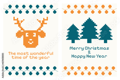Retro Christmas card with pixel elements. Deer, Christmas trees, garland.