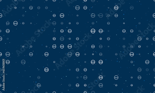 Seamless background pattern of evenly spaced white no overtaking signs of different sizes and opacity. Vector illustration on dark blue background with stars