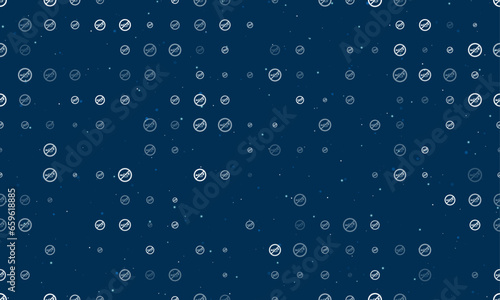 Seamless background pattern of evenly spaced white horning prohibited signs of different sizes and opacity. Vector illustration on dark blue background with stars
