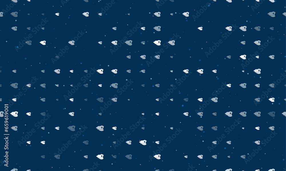 Seamless background pattern of evenly spaced white police cap symbols of different sizes and opacity. Vector illustration on dark blue background with stars