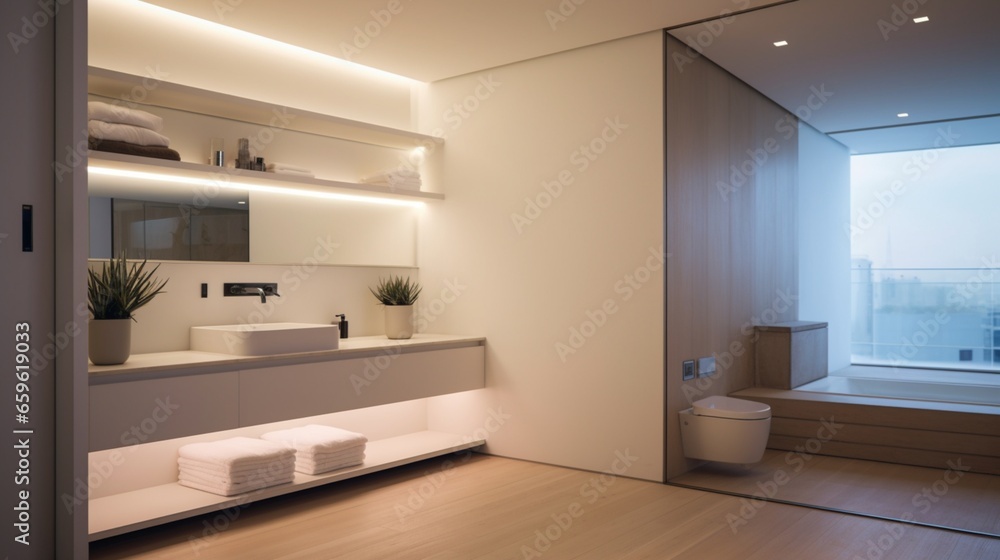 Fototapeta premium Minimalistic bathroom with floating vanity. Walk-in closet with organized shelves and lighting.
