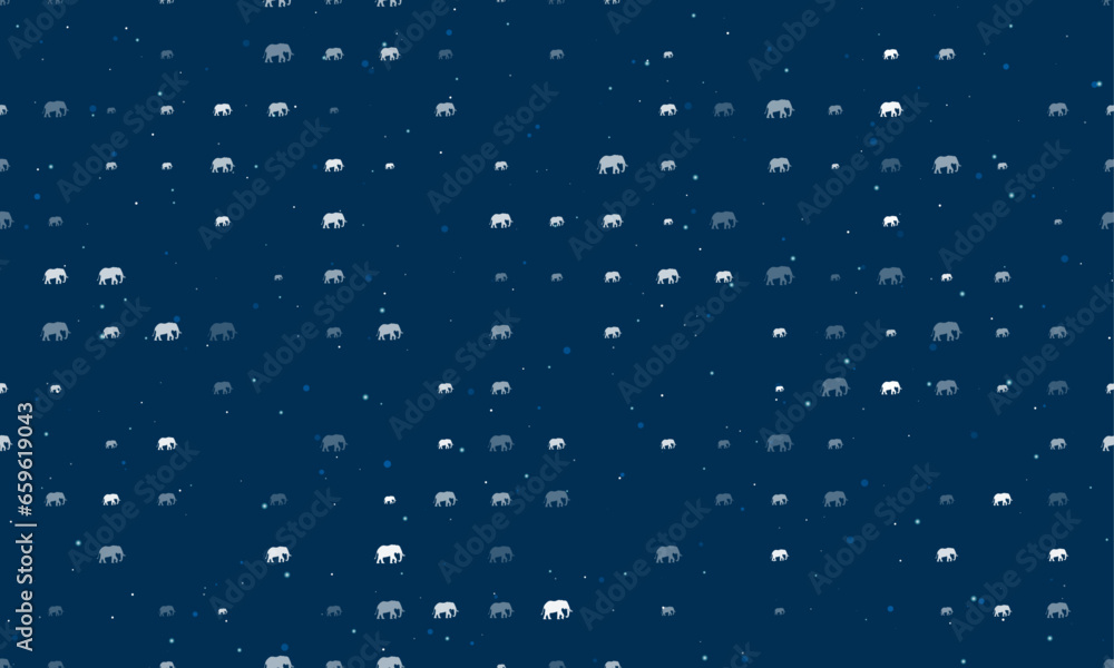 Seamless background pattern of evenly spaced white elephant symbols of different sizes and opacity. Vector illustration on dark blue background with stars