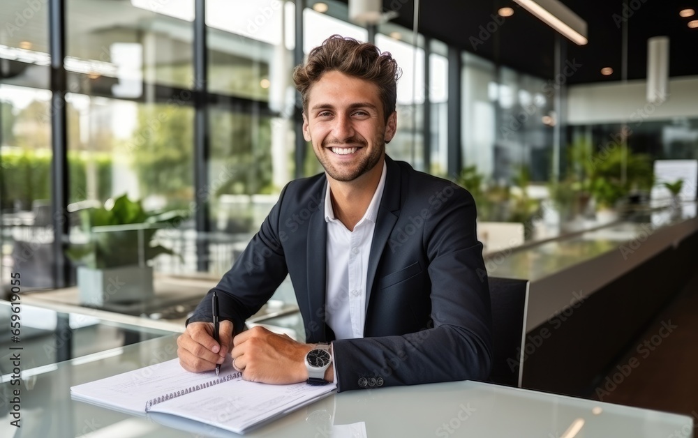 Young architect with a smiling face sitting and working with documents in a clear glass office Young architect with a smiling face sitting and working with documents in a clear glass office