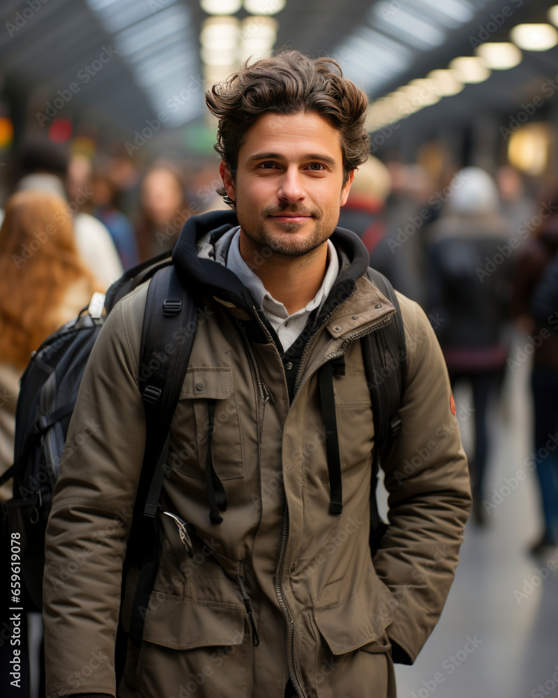 public transport concept , man with backpack in subway hall or platform of the station or air terminal. public transport concept , man with backpack in subway hall or platform of the station or air terminal.