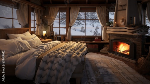 Cozy cabin bedroom with an fireplace. Warm and comforting space for webpage or print.