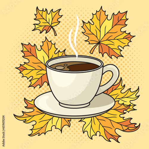 Cup of coffee or tea and autumn yellow leaves pop art retro vector illustration. Comic book style imitation.