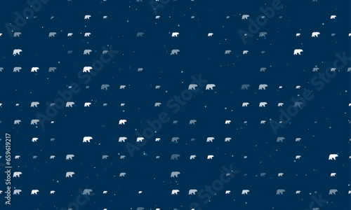 Seamless background pattern of evenly spaced white bear symbols of different sizes and opacity. Vector illustration on dark blue background with stars