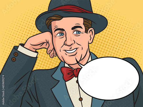 Condescending sarcasm businessman man meme with blank text bubble pop art retro vector illustration. Comic book style imitation.