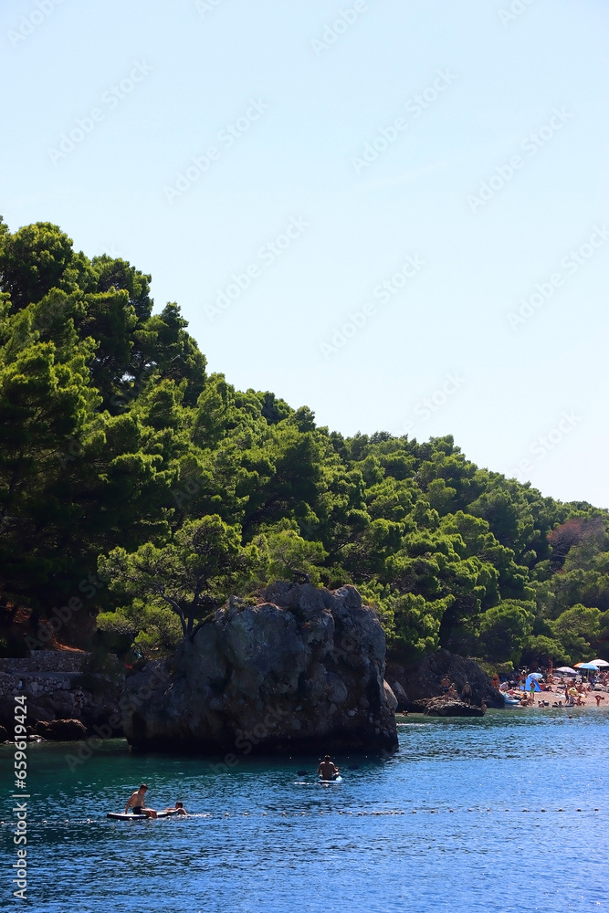 Brela stone, landmark on the beach in Brela, Croatia.